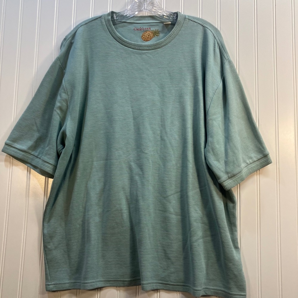Caribbean Men Blue Silk Cotton Blend Ribbed Short Sleeve Crewneck Shirt L Island